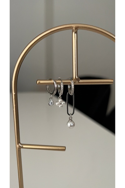 SU PERİSİ TAKI BİJUTERİ Gümüş İnci Detaylı 3 lü Set Küpe