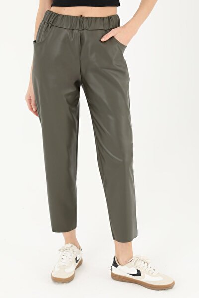 Puane Women's Faux Leather Elastic Waist Trousers 18205