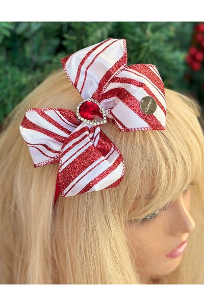 QUEEN AKSESUAR Design special, panglică franceză, fundă mare cu sclipici, coroană de Crăciun cu pietre de cristal, coroană cu dungi roșii și albe