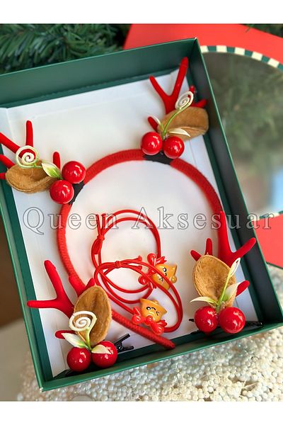 QUEEN AKSESUAR New Year's Luxury Gift Set - Cockina Decorated Crown with Crown Elastic, Pompom Deer, Horn Ears