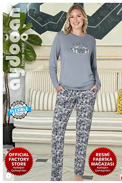 Aydoğan Women's Gray Pajama Set Viscose Crew Neck Long Sleeve B16-3 - 240712 - Aydogan ®