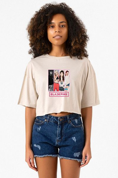 Tshirthane Black Pink Band Beige Women's Crop Tshirt