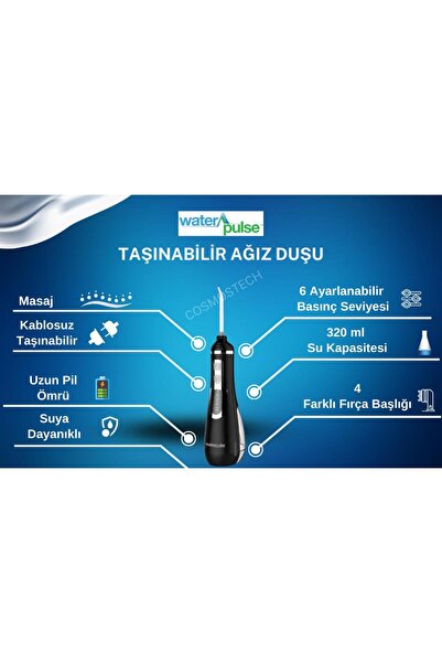 waterpulse Water Flosser V500 Kablosuz Taşınabilir Ağız Duş Bakım Seti Siyah