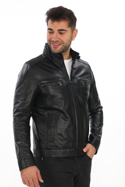 db deriburada original Erkek Cep Detaylı Dik Yaka Hakiki Deri Mont - 1229