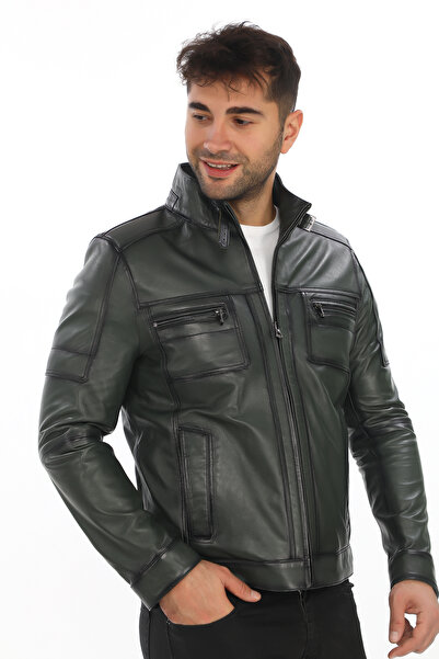 db deriburada original Erkek Cep Detaylı Dik Yaka Hakiki Deri Mont - 1229
