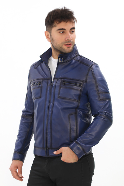 db deriburada original Men's Pocket Detailed Stand Collar Genuine Leather Coa...