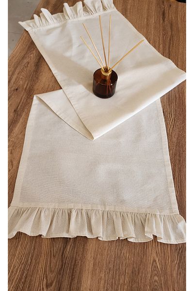 ALTINPAMUK Vintage Beige Raw Linen Runner - 2-Edge Ruffles, 40x110 Drape