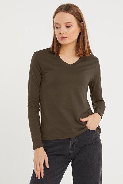 LİVE SPORT Kadın Uzun Kollu V Yaka Basic Pamuklu Örme Bluz