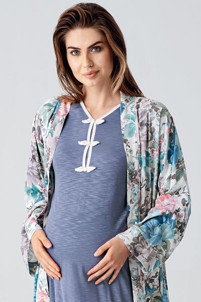 Artış Long Sleeve Patterned Viscose Maternity Dressing Gown Nightgown Set
