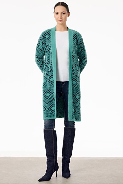 Tığ Triko Baklava Desenli Triko Hırka YEŞİL