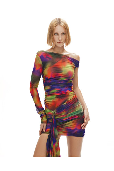 Khela The Label Corrupt Cosmo Dress in Multi Renkli Desenli Mini Düşük Omuz E...