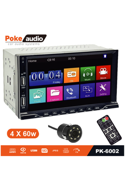 Poke Double Din Teyp 7 İnch 4x60 Watt 2xusb Şarjlı Kameralı Poke Pk-6002 Uyumlu