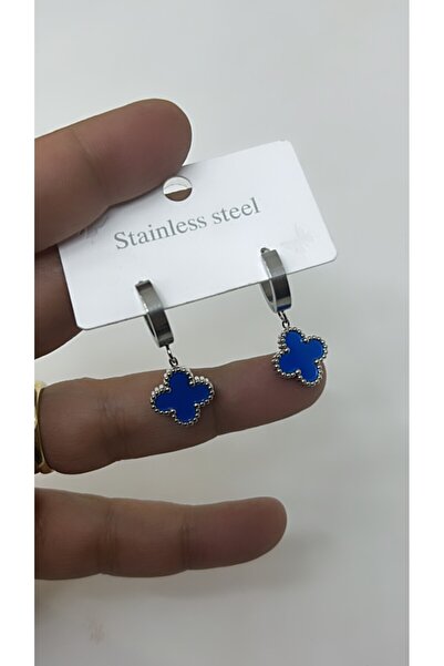 By Semra Çelik Mavi Yoncali Çift Taraflı Gümüş Zemin Küpe