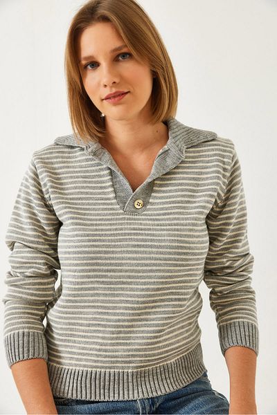 Bianco Lucci Women's Polo Neck Button Detailed Striped Knitwear Sweater 5159 60261051
