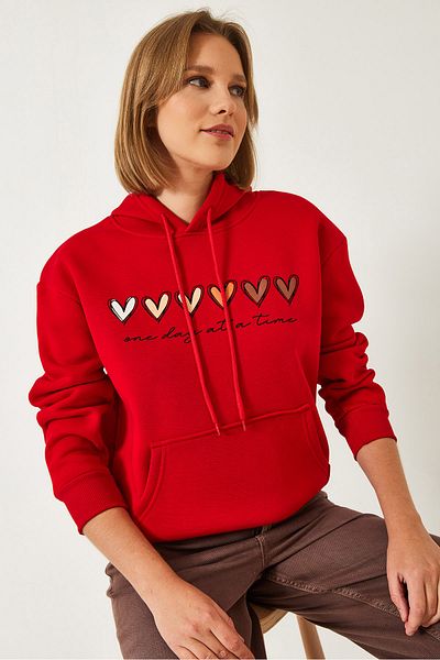 Bianco Lucci Women's Three Thread Raster Colorful Heart Printed Hooded Sweatshirt Mbhs025 60601025