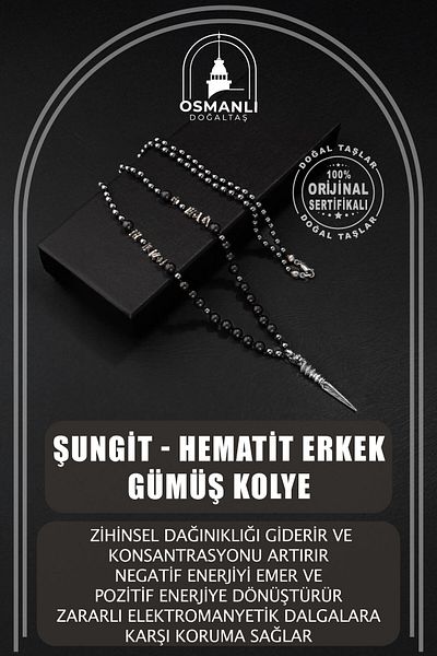 OSMANLI DOĞAL TAŞ Shungit-hematite Natural Stone Men's Silver Design Necklace