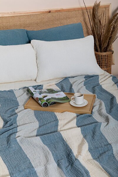 MYLASA HOME MylasaHome Çift Kişilik 4 Katlı Müslin Kalın Çizgili Yatak Örtüsü-Tv Battaniyesi 220x240