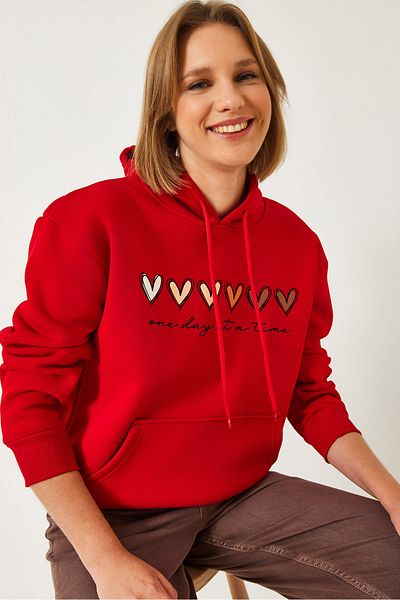 Bianco Lucci Women's Three Thread Raster Colorful Heart Printed Hooded Sweatshirt Mbhs025 60601025