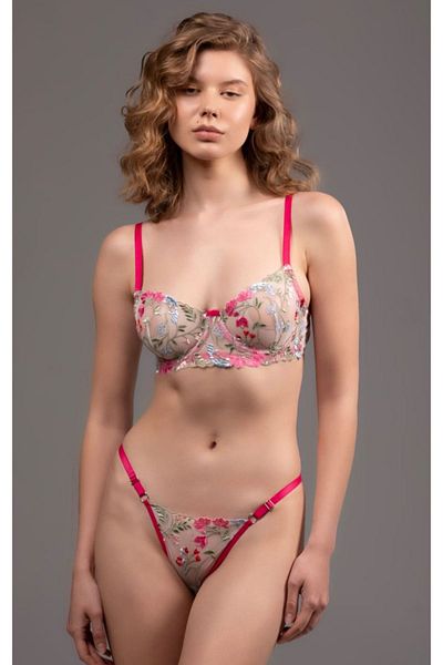 Motto10 butik Γυναικείο σέξι ροζ φλοράλ κεντημένο διαφανές εσώρουχο σουτιέν Σετ φανταχτερό εσώρουχο