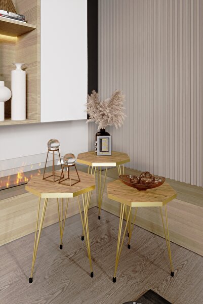 BARIN DESIGN 3'lü Zigon Sehpa Gold Serisi Sekizgen Model Zigon Sehpa Gold Met...