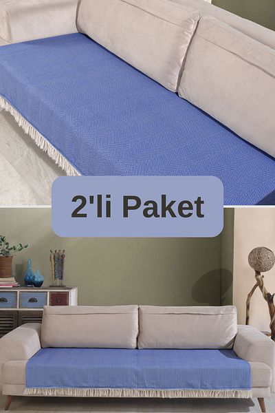 Miracolo Home Set de 2 huse de canapea din bumbac albastru - 115x200, model în dungi cu franjuri în față