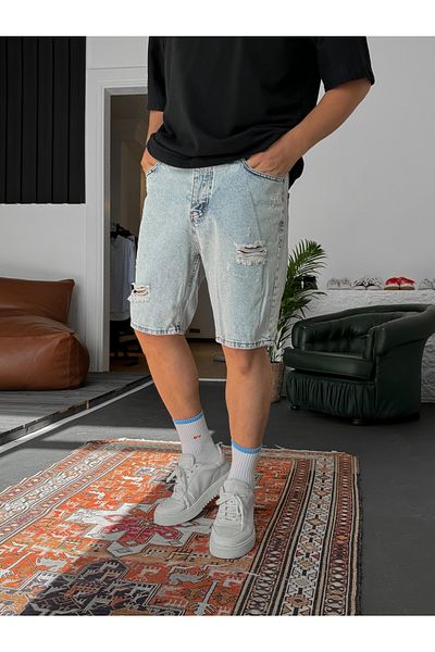 BYBASICMAN Ice Blue Ripped Print Washed Denim Shorts Ke-482