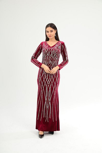 Aperla Long Sleeve Velvet Fabric Evening Fish Dress with Stone Accessories