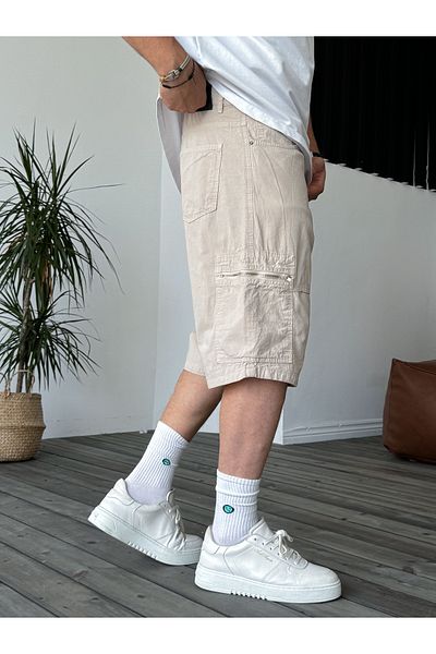 BYBASICMAN Beige Zipper Pocket Cargo Shorts B-3072