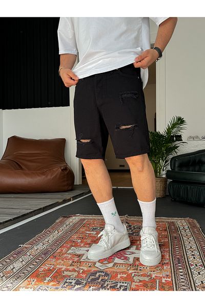 BYBASICMAN Black Ripped Denim Shorts Ke-462