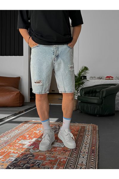 BYBASICMAN Ice Blue Ripped Print Washed Denim Shorts Ke-482
