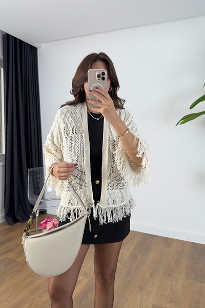 BİRCANÇİL Lesan Ecru Diamond Patterned Tasseled Cardigan