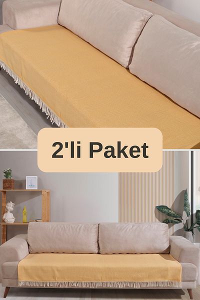 Miracolo Home Pachet de 2 huse de canapea din bumbac galben - 115x200, cu franjuri în față, model în dungi
