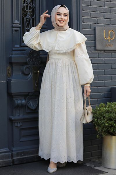 Neva Style Beige Laced Hijab Dress - 14212Beige