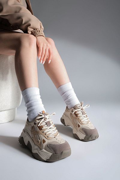 Marjin Damen Sneaker mit hoher Sohle, Schnürschuh, Sportschuhe Virez Beige