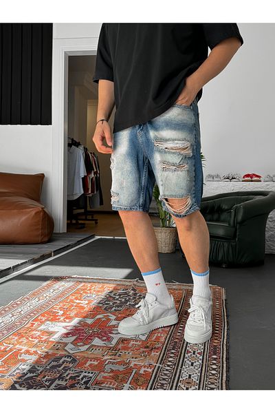 BYBASICMAN Blue Grinding Large Ripped Denim Shorts Ke-486