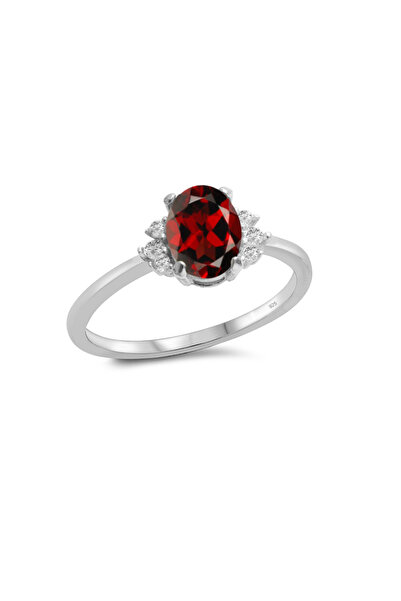 Silveranka 925 Ayar Gümüş Oval Kırmızı Taşlı Trend Yüzük