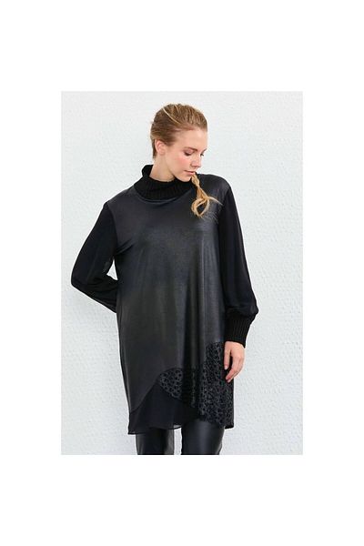FUAT GÜRSEN Large Size High Collar Leather Look Black Tunic 7343