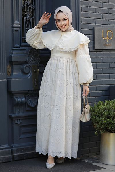 Neva Style Beige Laced Hijab Dress - 14212Beige