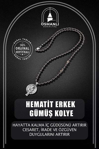 OSMANLI DOĞAL TAŞ Men's Silver Design Hematite Natural Stone Necklace