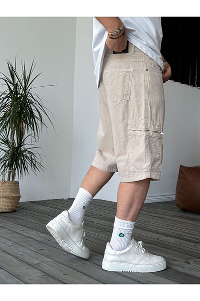 BYBASICMAN Beige Zipper Pocket Cargo Shorts B-3072