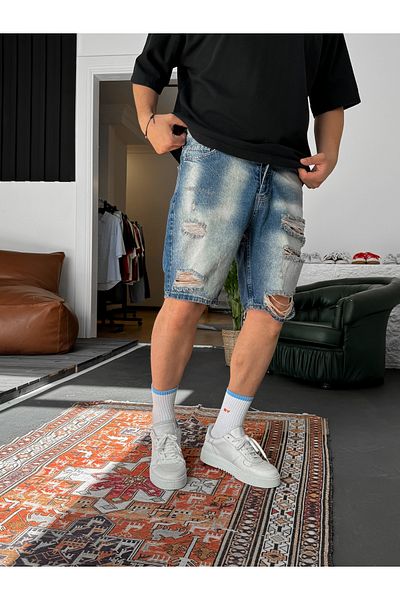 BYBASICMAN Blue Grinding Large Ripped Denim Shorts Ke-486
