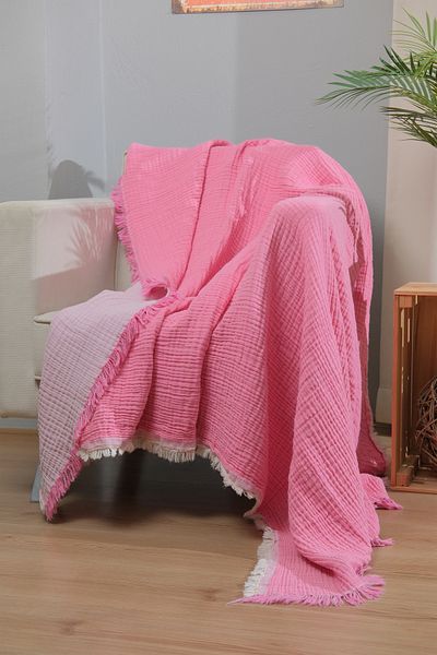 Caymoon 4 Layer Muslin 100% Cotton Sofa Shawl Tv Blanket 130 X 190 cm Double Color Pink Light Pink