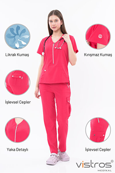 Vistros Medikal V Yaka Fermuar Detaylı Likralı Üniforma Doktor Hemşire Formas...