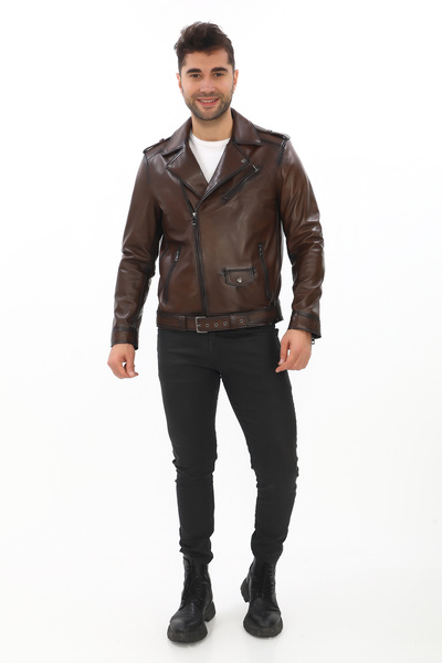 db deriburada original Erkek İngiliz Yaka Hakiki Deri Biker Mont