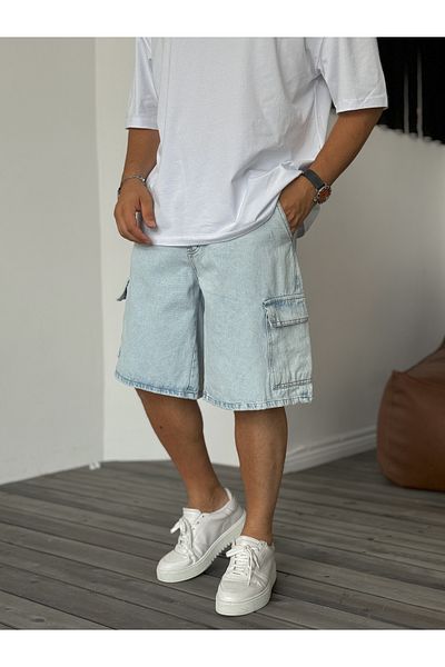 BYBASICMAN Ice Blue Washed Cargo τζιν σορτς KE-537