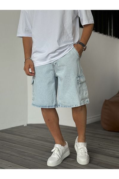 BYBASICMAN Ice Blue Washed Cargo τζιν σορτς KE-537