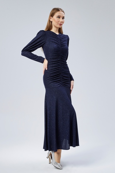 Asees Ön Büzgü Detaylı Simli Abiye Elbise