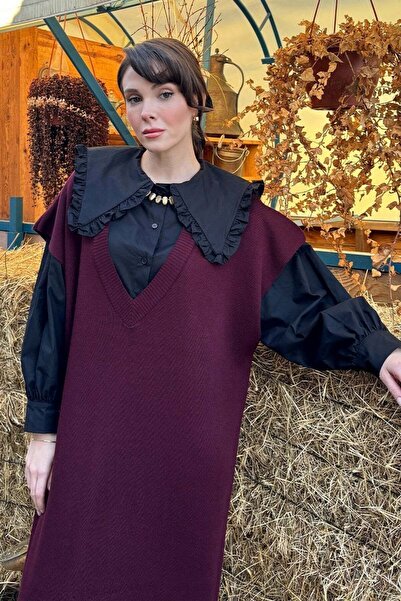 Ceylan Otantik Siyah Yakası Fırfırlı Crop Gömlek