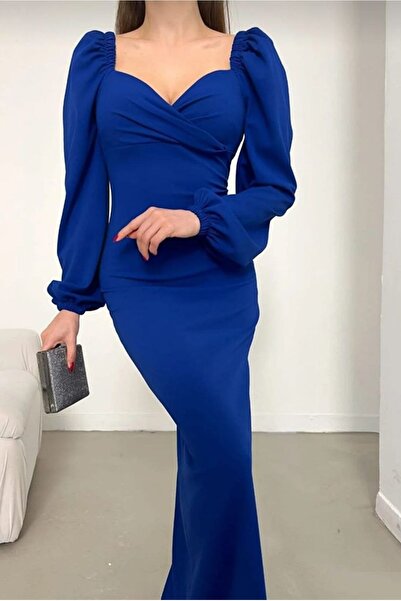 bayansepeti Saks Μπλε εύκαμπτο ύφασμα κρεπ με λαιμόκοψη καρδιά με σχισμή σχέδιο Fish Model Maxi Φόρεμα 582732