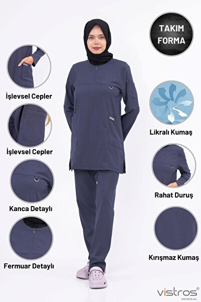 Vistros Medikal Tesettür Lüks Likralı Medikal Üniforma Antrasit Doktor Hemşir...